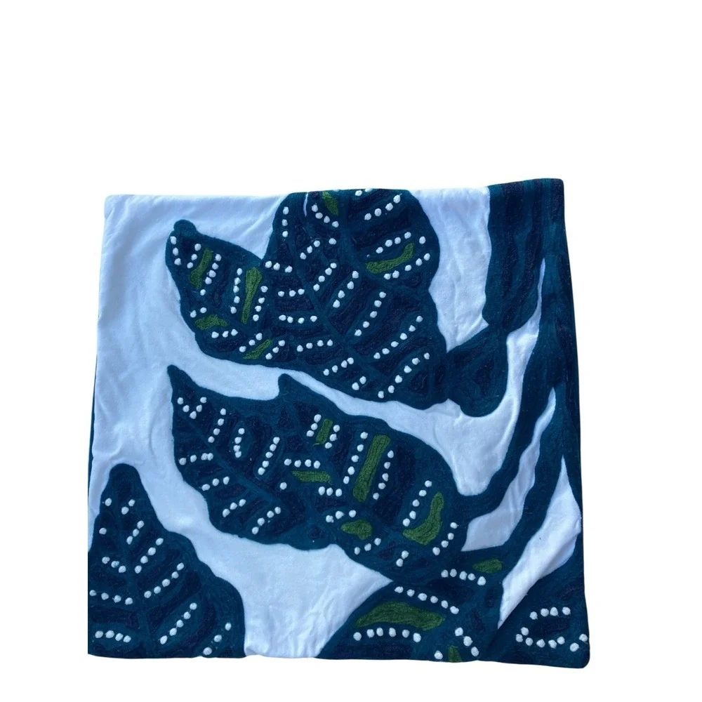 West Elm Crewel Embroidered Leaf Pillow Covers Teal Blue Set of 2